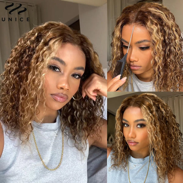 UNice 7x5 Glueless Water Wave Bob Wig Honey Blonde Highlight Pre Bleached Pre Cut Lace Closure Wig Human Hair Wig Ready To Wear