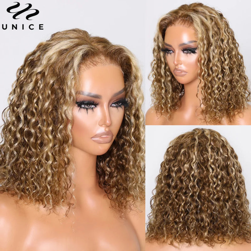 UNice 7x5 Glueless Water Wave Bob Wig Honey Blonde Highlight Pre Bleached Pre Cut Lace Closure Wig Human Hair Wig Ready To Wear