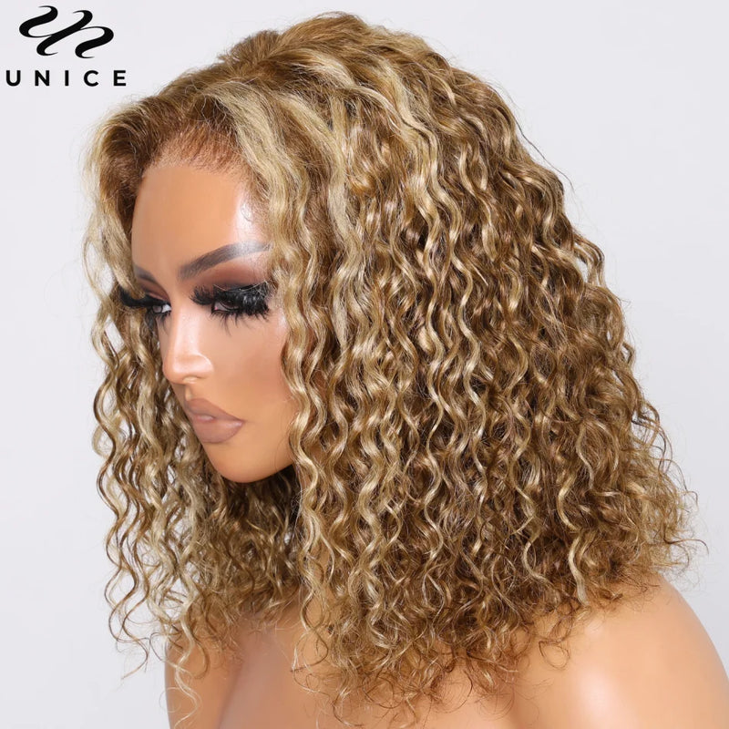 UNice 7x5 Glueless Water Wave Bob Wig Honey Blonde Highlight Pre Bleached Pre Cut Lace Closure Wig Human Hair Wig Ready To Wear