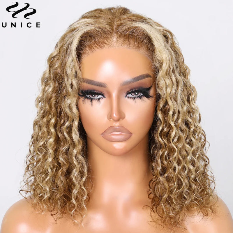 UNice 7x5 Glueless Water Wave Bob Wig Honey Blonde Highlight Pre Bleached Pre Cut Lace Closure Wig Human Hair Wig Ready To Wear